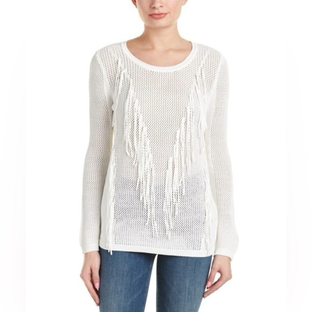 Sandro‎ | Knit Fringe Sweater Size 1 Small White Open Mesh Long Sleeve S0866E-11